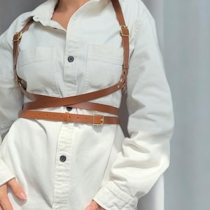 Women Leather Brown Chest Strap Harness - Adjustable Under Bust Belt