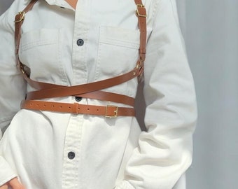 Women Leather Brown Chest Strap Harness - Adjustable Under Bust Belt