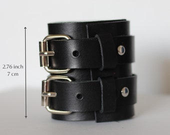 Wide Leather Cuff Bracelet – Handmade Double Buckle Wristband, Gothic Punk Leather Jewelry