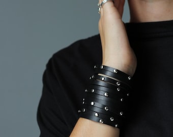 Black Leather Studded Bracelet – Wide Punk Cuff with Stainless Steel Rivets, Gothic Rock Wristband