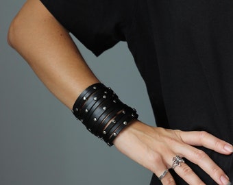 Black Studded Leather Cuff – Handmade Goth Punk Bracelet, Adjustable Unisex Wristband