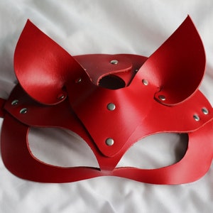 Red Leather Cat Mask – Handmade Cosplay Festival Accessory, Masquerade Party Mask