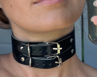 Wide Leather Choker Collar - Adjustable Gothic Choker with Double Straps