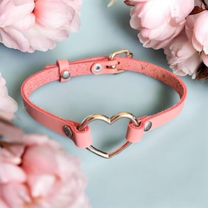 Choker Genuine Leather - Choker Collar Black Leather Heart Choker with Silver Heart Ring