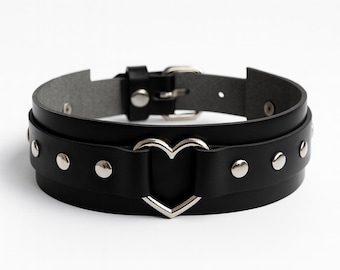 Black Leather Heart Choker - Adjustable Handmade Collar Necklace for Women & Men