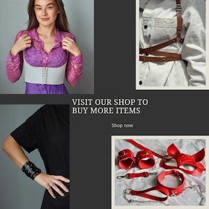Collage showing various leather accessories from the shop: harnesses, cuffs, corsets. Encourages customers to explore more items by visiting the Etsy store.
