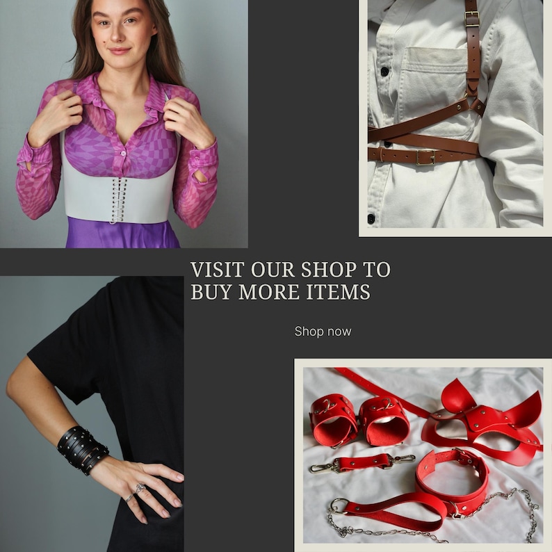 Collage showing various leather accessories from the shop: harnesses, cuffs, corsets. Encourages customers to explore more items by visiting the Etsy store.