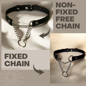 Two chain attachment options: fixed and free. The image highlights the difference in how the metal chain is connected to the leather choker.
