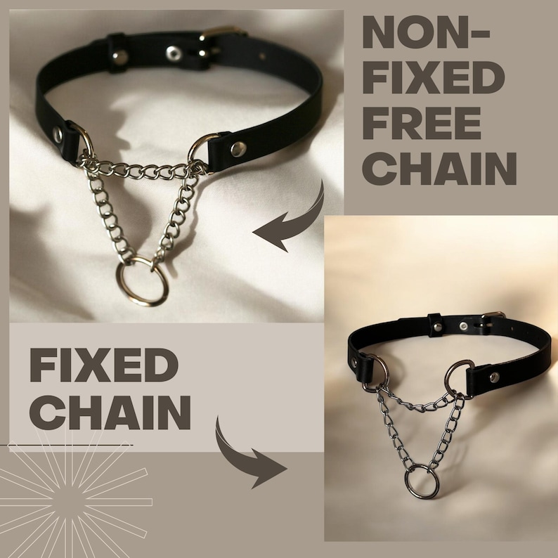 Two chain attachment options: fixed and free. The image highlights the difference in how the metal chain is connected to the leather choker.