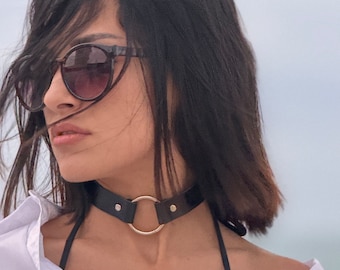 Thin Black Leather O-Ring Choker – Handmade Adjustable Gothic Punk Collar Necklace