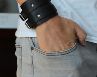 Black Leather Cuff Bracelet for Men – Wide Adjustable Wristband – Double Buckle Goth Style