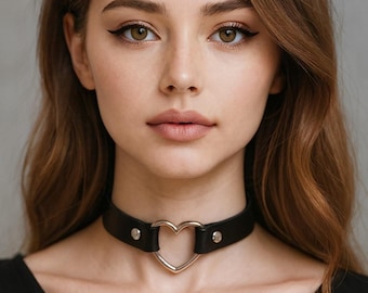 Silver Heart Leather Choker - Adjustable Gothic Collar, Real Leather Necklace, Handmade in USA