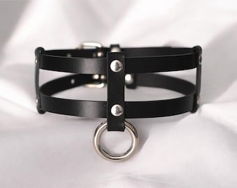 Black Leather O-Ring Choker – Adjustable Gothic Punk Collar, Handmade Necklace for Women & Men