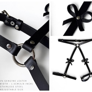 Detailed view of the harness construction – leather straps, stainless steel rings, and bow elements – handmade craftsmanship