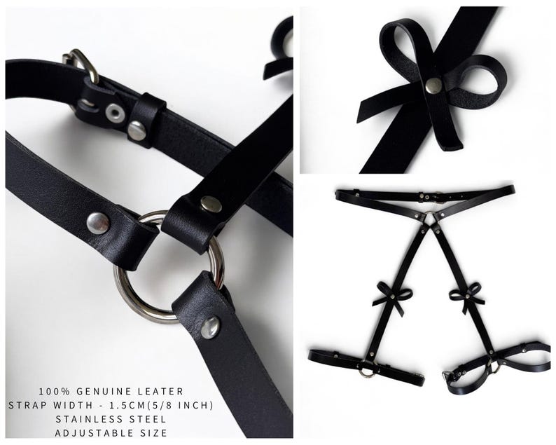 Detailed view of the harness construction – leather straps, stainless steel rings, and bow elements – handmade craftsmanship