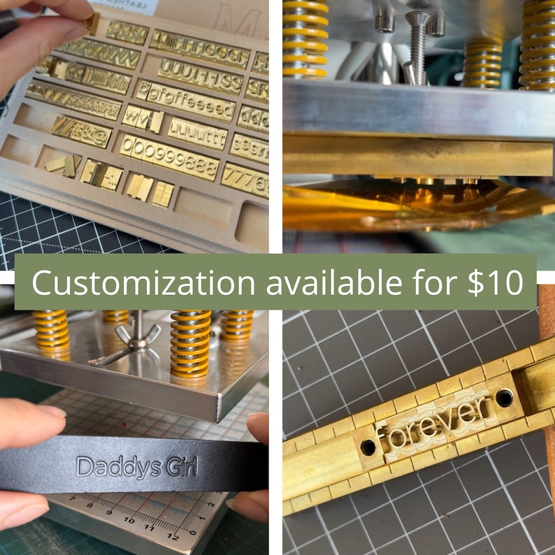 Custom engraving options available for $10. Brass stamping tools used to emboss words like “Daddy’s Girl” or “forever” on leather. Close-up photos of tools and embossed straps.