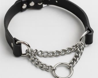 Leather and Chain Choker Collar – Adjustable Gothic Necklace with Silver O-Ring, Handmade Punk Jewelry for Women & Men