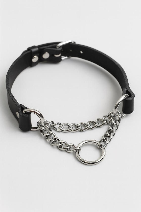 Leather and Chain Choker Collar – Adjustable Gothic Necklace with Silver O-Ring, Handmade Punk Jewelry for Women & Men