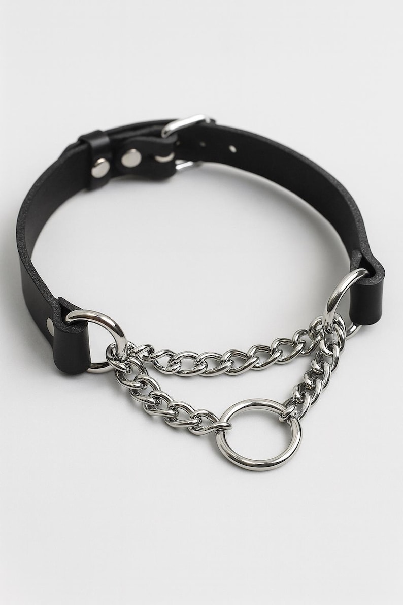 Black leather choker with double silver chain and O-ring – handmade gothic punk necklace for men and women.