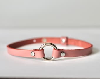 Pink Leather O-Ring Choker – Handmade Adjustable Pastel Goth Collar, Kawaii Punk Necklace