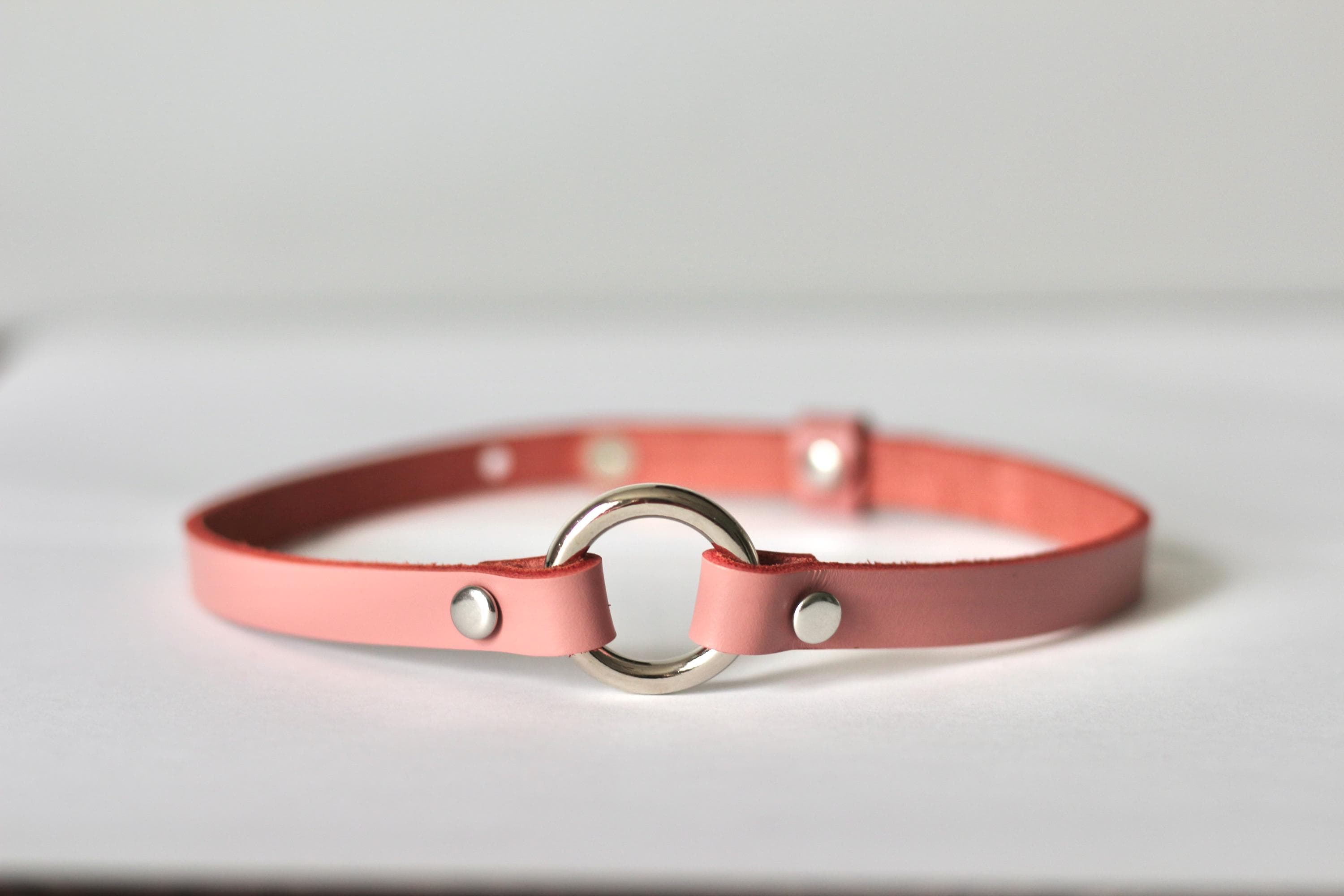 Pink Leather O-Ring Choker – Handmade Adjustable Pastel Goth Collar, Kawaii Punk Necklace