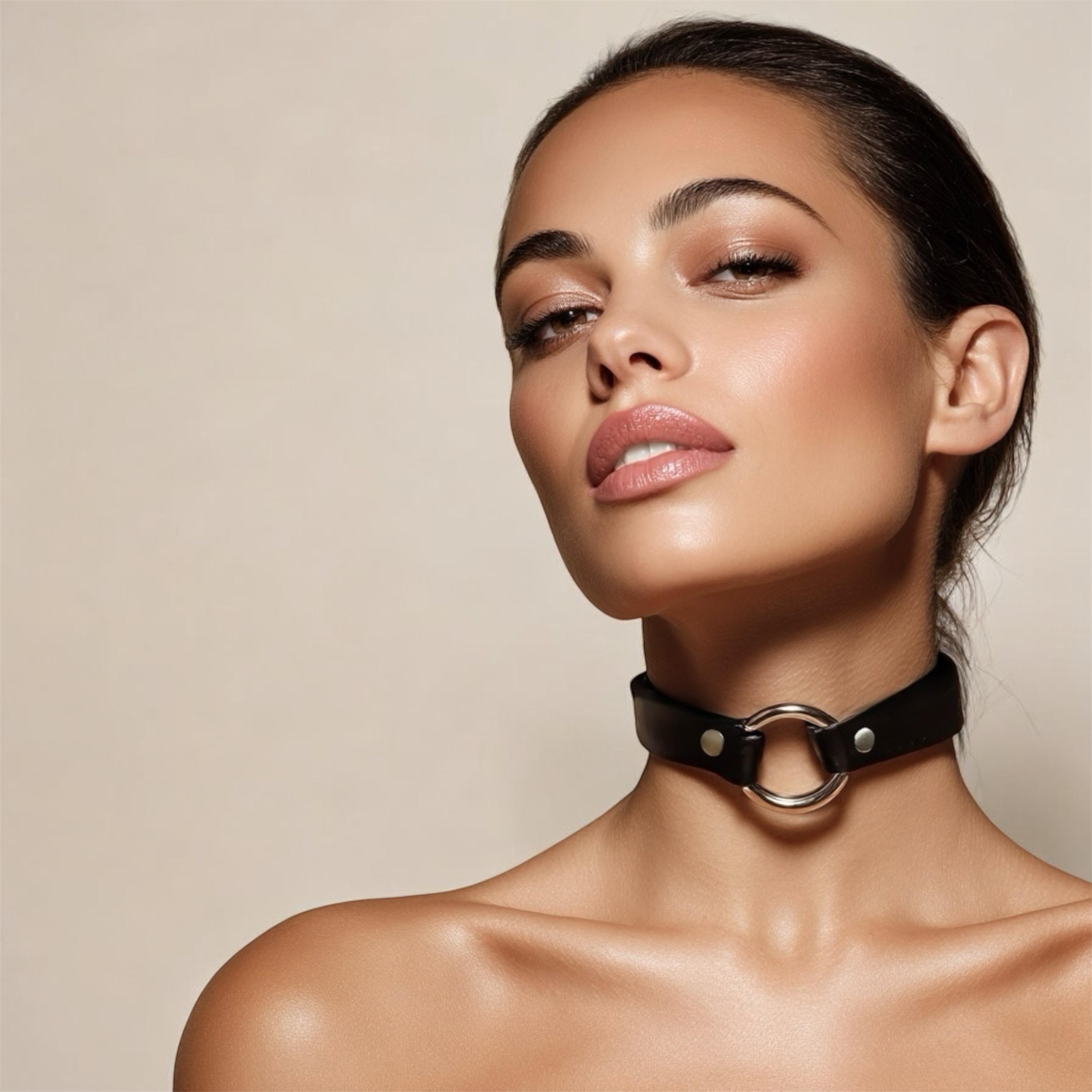 Black Leather O Ring Choker Collar - Minimalist Day Collar - Fashion Adjustable Buckle Necklace