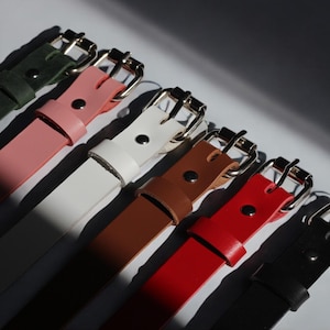 Top view of handmade leather chokers in multiple colors — lined up with polished buckles under dramatic lighting. Artistic shot showcasing color options and quality.