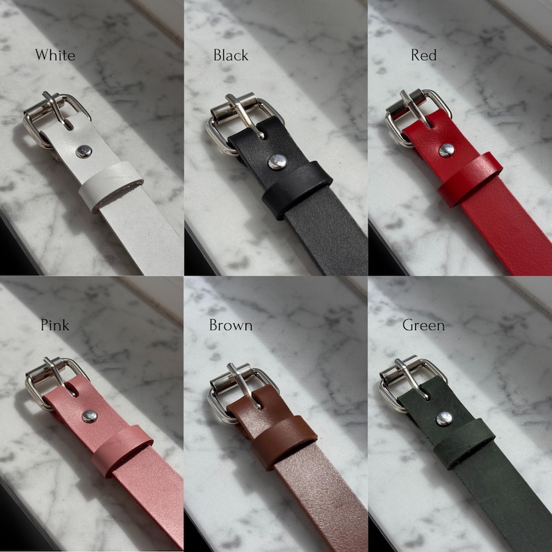 Color options for leather chokers shown on marble background: White, Black, Red, Pink, Brown, Green. Each strap features a silver buckle and visible leather texture.