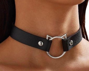 Leather Cat O-Ring Choker – Adjustable Kitten Play Collar, Handmade Cosplay Submissive Gift