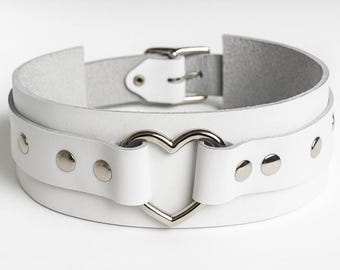 White Leather Heart O-Ring Choker – Black Adjustable Gothic Collar, Handmade Punk Necklace, Real Leather Gift for Him