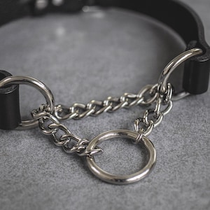 Close-up of silver chains and O-ring on black leather choker – shiny metal details, gothic style jewelry.