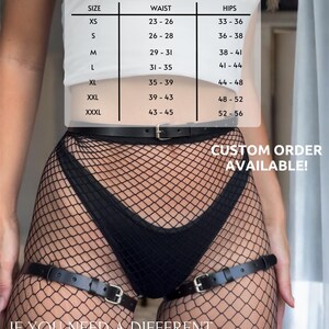 Size chart and fit example for leather garter harness – model in fishnets with waist and hip measurement overlay