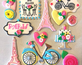 DECORATED  custom cookies in PARIS vacation theme.  Birthdays, retirement, fundraisers, gala and more