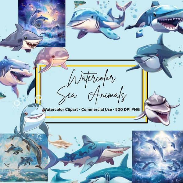 Sea Animals Watercolor Clipart - 48 PNG Bundle - 500 DPI - Full Commercial Use - Includes 14 Transparent Versions of the Images