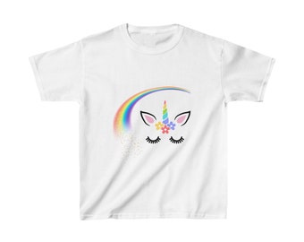T-shirt per bambini in cotone pesante con arcobaleno e unicorno