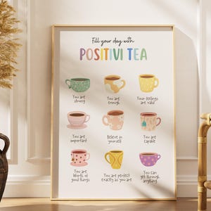 Peut inclure: Une affiche encadrée avec l'inscription "Fill your day with POSITIVI TEA" et des illustrations de neuf tasses à thé colorées. Chaque tasse contient un message inspirant, comme "You are strong" et "You are enough."