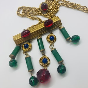 1940’s Beaded Drop Cabochon Necklace Sliding Charm Chain Red Blue Green