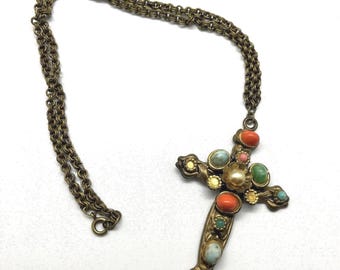 Vintage Ornate 70s Gold-Tone Cross Pendant Necklace w/ Multicolor Stones