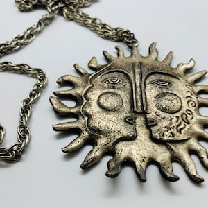Heavy Silver Sun Pendant Extra Long Chain Necklace Festival