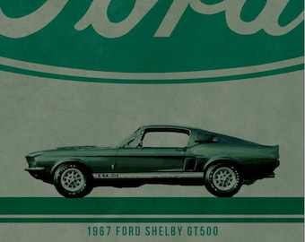 Ford Inspired Poster with Highland Green 67 Shelby Mustang Fastback