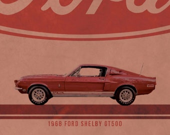 Ford Inspired Poster with Candyapple Red 68 Shelby Mustang Fastback