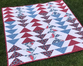 Baby Quilt 44x44 Flying Geese Red White Blue SALE patchwork handmade