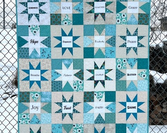 Quilt Modern throw 50x63 Star Words patchwork handmade aqua Mothers Day