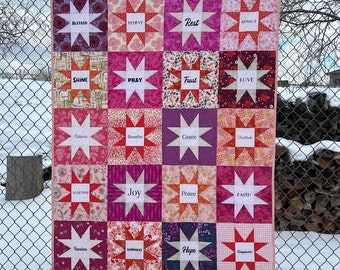 Quilt Modern throw 50x63 Star Words patchwork handmade pink orange purple Mothers Day