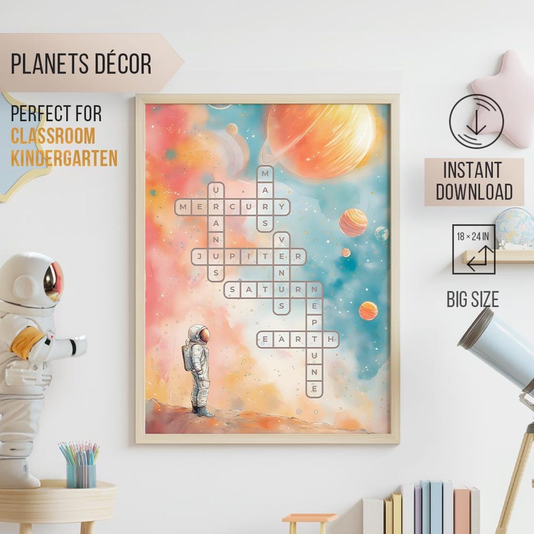 Educational Solar System Poster for Kids, Crossword, Fun Style