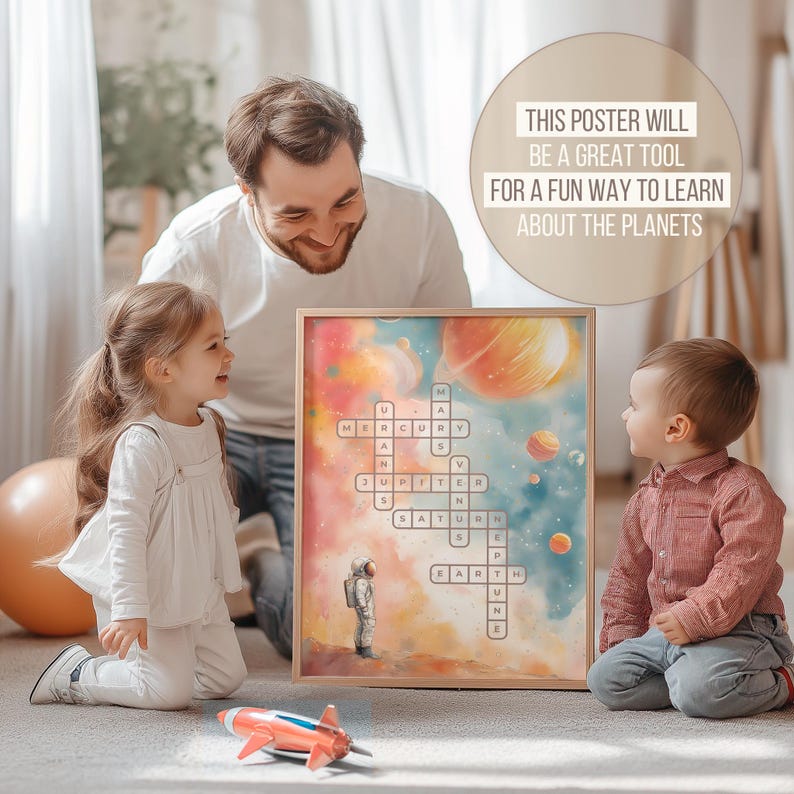 Educational Solar System Poster for Kids, Crossword, Fun Style