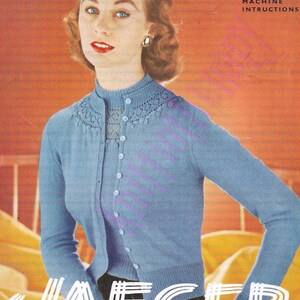 May include: A vintage knitting pattern for a light blue cardigan with a white crocheted collar. The pattern is from Jaeger and includes machine instructions. The pattern number is 3360 9d.