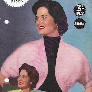 May include: A vintage knitting pattern for a pink bolero sweater with short sleeves. The pattern is for a size 6 yarn and calls for 3 1/2 to 5 1/2 ounces of angora yarn and 3 ounces of 3-ply yarn, or 7 to 9 ounces of 3-ply yarn only.