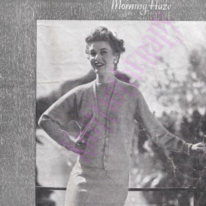 May include: A vintage knitting pattern leaflet for a cardigan and skirt set. The pattern is for a raglan twin-set in sizes 34, 36, and 38 inches. The leaflet features a black and white photo of a woman wearing the finished garment.