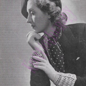 May include: A vintage knitting pattern for gloves, featuring a woman wearing a beret and a polka dot scarf. The pattern is titled "Gloves" and is for "Beehive Wool String" and is for ladies, men's, and girl's. The pattern is from Patons & Baldwins and is a "P&B" publication.